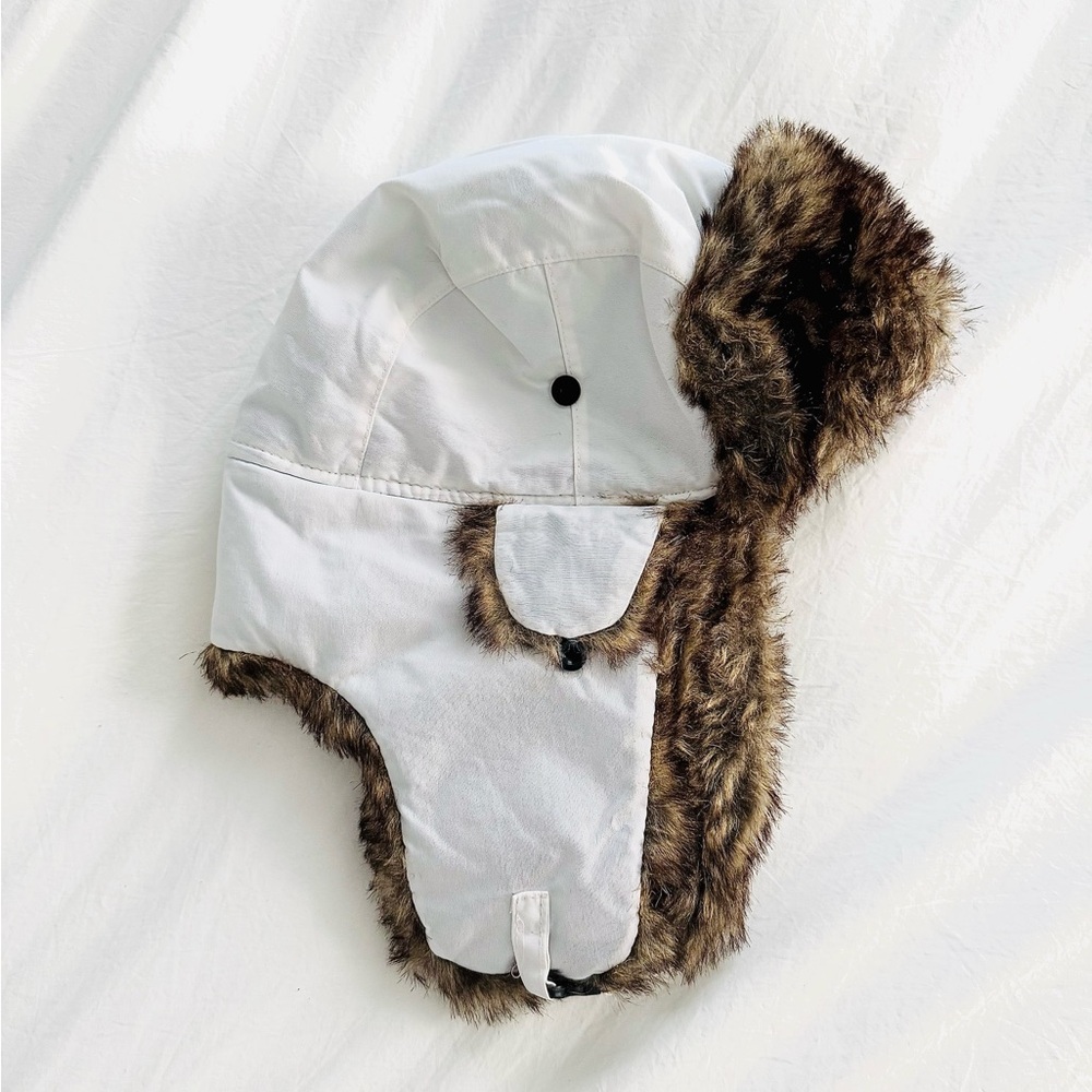 White and Brown Fur-Lined Trapper Hat